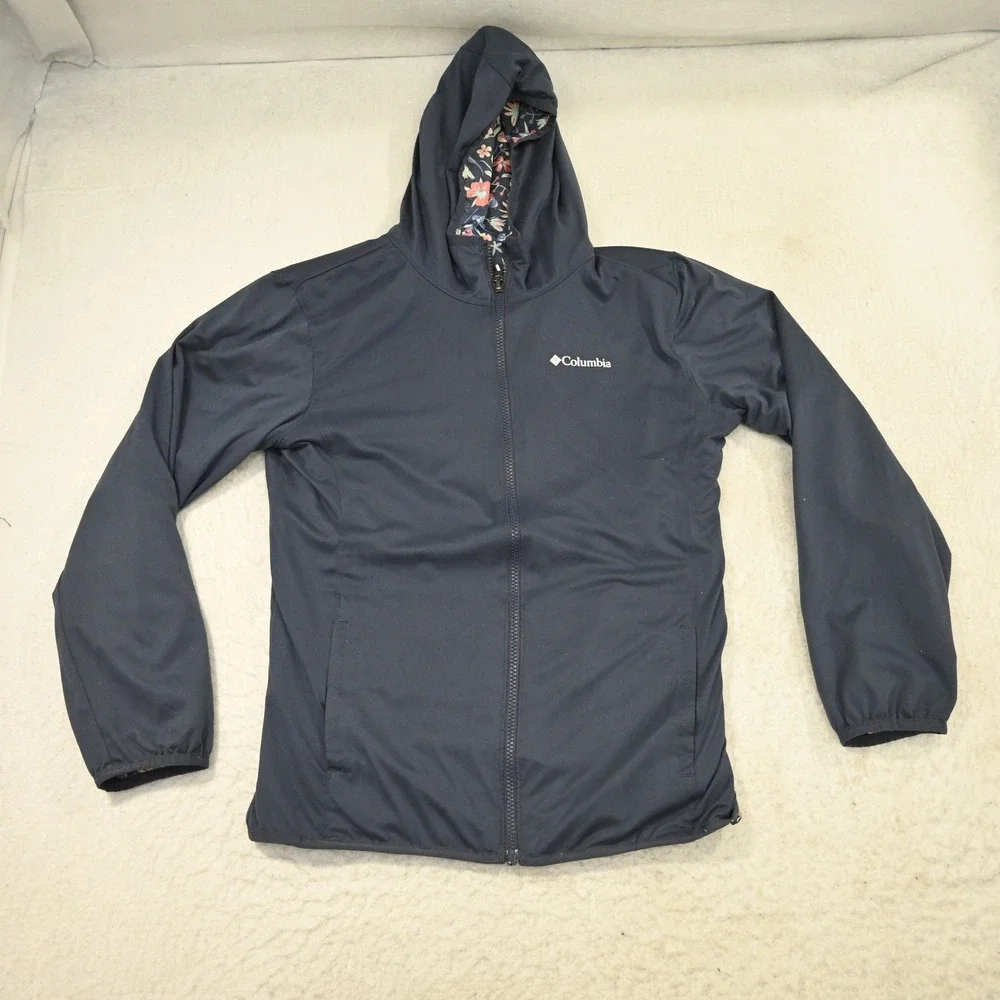 Columbia Reversible Jacket Girls XL (18/20) Navy Blue Floral Butterfly Hooded - Picture 13 of 14